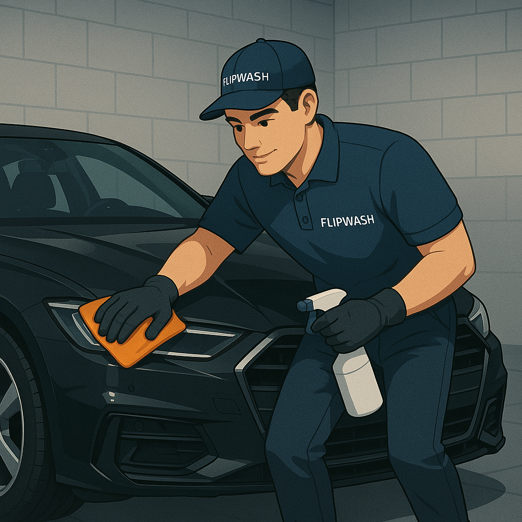 Homem da Flipwash, limpando o carro com pano e produto